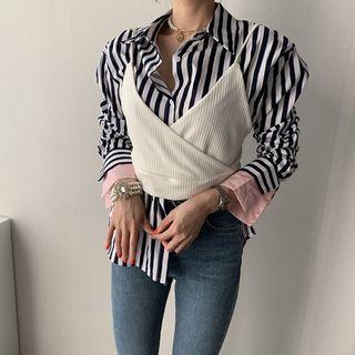 Set: Striped Shirt + Tie Back Camisole Top As Shown In Figure - One Size