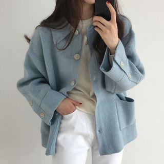 Buttoned Collared Knit Jacket Light Blue - One Size
