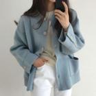Buttoned Collared Knit Jacket Light Blue - One Size