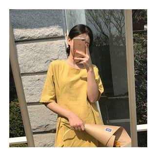 Elbow-sleeve Linen Blend Midi Dress