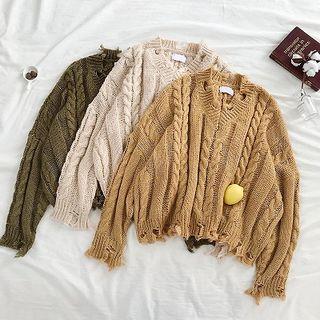 Asymmetric V-neck Cut Out Cable-knit Sweater