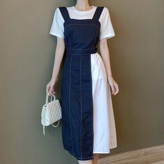 Set: Short-sleeve T-shirt + Midi A-line Pinafore Dress Set - T-shirt - White - One Size / Midi Dress - Denim Blue - One Size