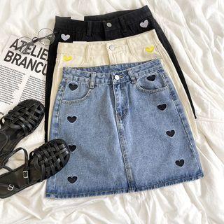 Heart Embroidered A-line Denim Mini Skirt