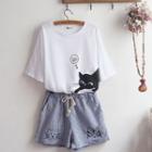 Set: Short-sleeve Cat Print T-shirt + Denim Shorts