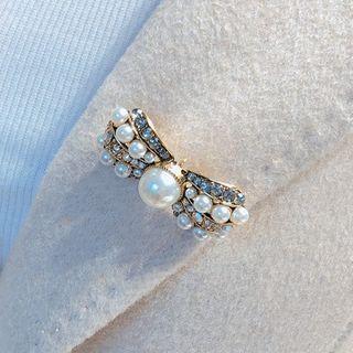 Bow Faux Pearl Rhinestone Brooch