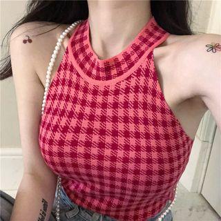 Houndstooth Halter Top As Shown In Figure - One Size