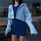 Buttoned Denim Jacket / Sleeveless Mini Sheath Dress