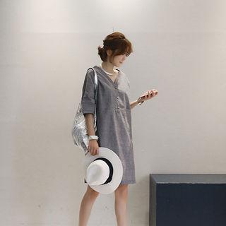 Linen Blend Elbow-sleeve Stripe Dress