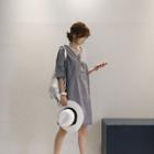 Linen Blend Elbow-sleeve Stripe Dress