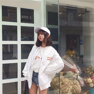 Ribbon Detail Lettering Embroidered Bomber Jacket