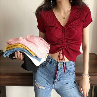 V-neck Short Sleeve Drawstring Top