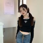Long-sleeve Cold-shoulder Plaid Panel T-shirt