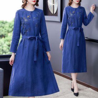Long-sleeve Embroidered Tie-waist Midi A-line Dress
