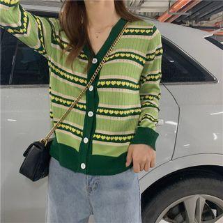 Heart Striped Cardigan Avocado Green - One Size