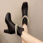 Faux Pearl & Chain Block Heel Short Boots