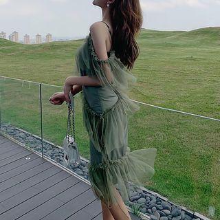 Cold-shoulder Midi Mesh Layered Dress