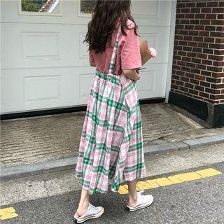 Plaid Midi Jumper Dress Plaid - Pink & Green - One Size