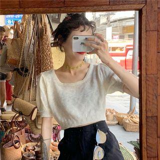 Plain Short-sleeve Cropped Slim-fit Knit Top