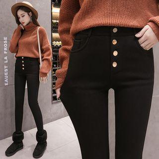 High Waist Fleece-lined Buttoned Pants