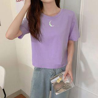 Short-sleeve Moon Print Cropped T-shirt