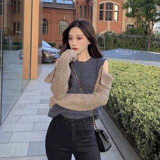 Cold-shoulder Two-tone Sweater As Shown In Figure - One Size