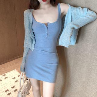 Spaghetti Strap Half-button Mini Bodycon Dress / Cropped Knit Cardigan