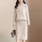 Set: Turtleneck Cable Knit Sweater + Straight-fit Knit Skirt