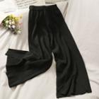 Slit-hem Knit Wide-leg Pants Black - One Size