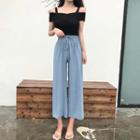 Cutout Shoulder Short-sleeve Knit Top / Drawstring Cropped Wide-leg Pants
