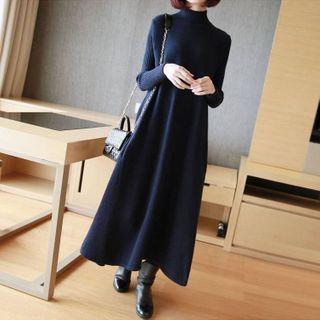 Mock Neck Plain Knit Maxi Dress