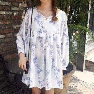 Floral Print Tasseled Tie Neck Long Sleeve Dress