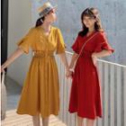 Smocked Waist V-neck Short Sleeve A-line Dress