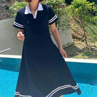 Striped Flared Long Polo Dress