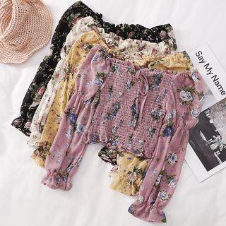 Off-shoulder Floral Chiffon Smocked Crop Top