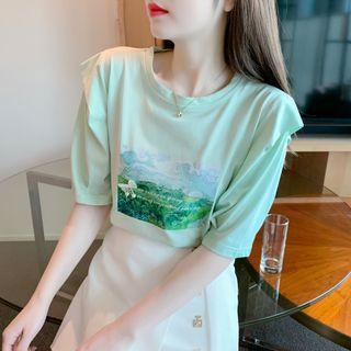 Short-sleeve Printed Ruffled T-shirt