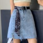 Frayed Silted Mini Denim Skirt