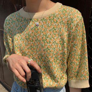 Elbow-sleeve Floral Knit Top As Shown In Figure - One Size