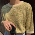 Elbow-sleeve Floral Knit Top As Shown In Figure - One Size