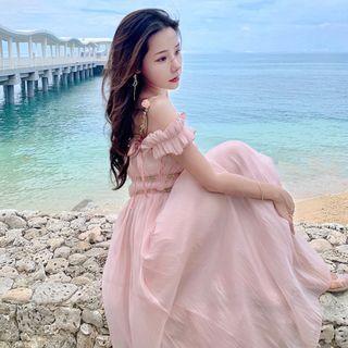 Cold-shoulder Floral Shirred Midi A-line Dress
