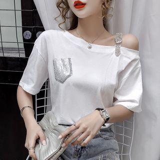Elbow-sleeve Cold Shoulder Sequined T-shirt