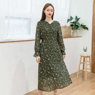 Half-placket Floral Long Chiffon Dress