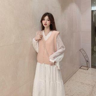 Knit Vest / Dotted Long-sleeve Midi Shift Dress / Set