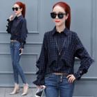 Stand-collar Long-sleeved Gingham Frill Blouse