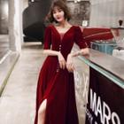Puff-sleeve Slit A-line Evening Gown