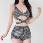 Set: Houndstooth Strappy Tankini Top + Swim Shorts + Cover Up