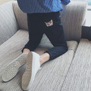 Cat Embroidered High-waist Slim Fit Pants