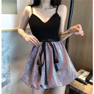 Spaghetti Strap Metallic Paneled A-line Mini Dress