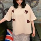 Elbow-sleeve Heart Applique T-shirt Almond - One Size