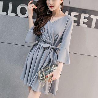3/4-sleeve Tie-waist Mini A-line Dress