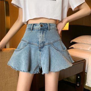 High Waist Ruffle-trim Denim Shorts